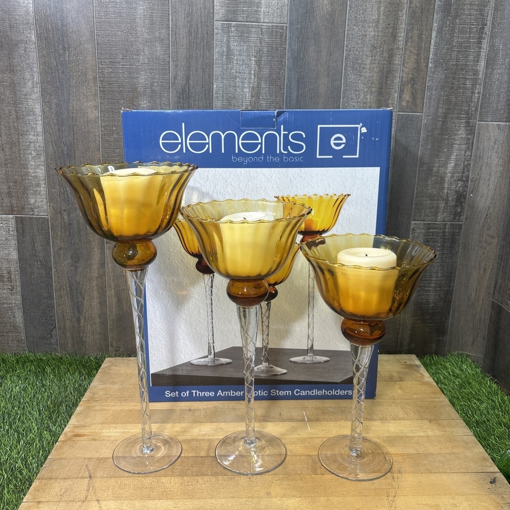 Elements Set of 3 Amber Optic Stem Hurricane Glass Candle Holders w/ Box